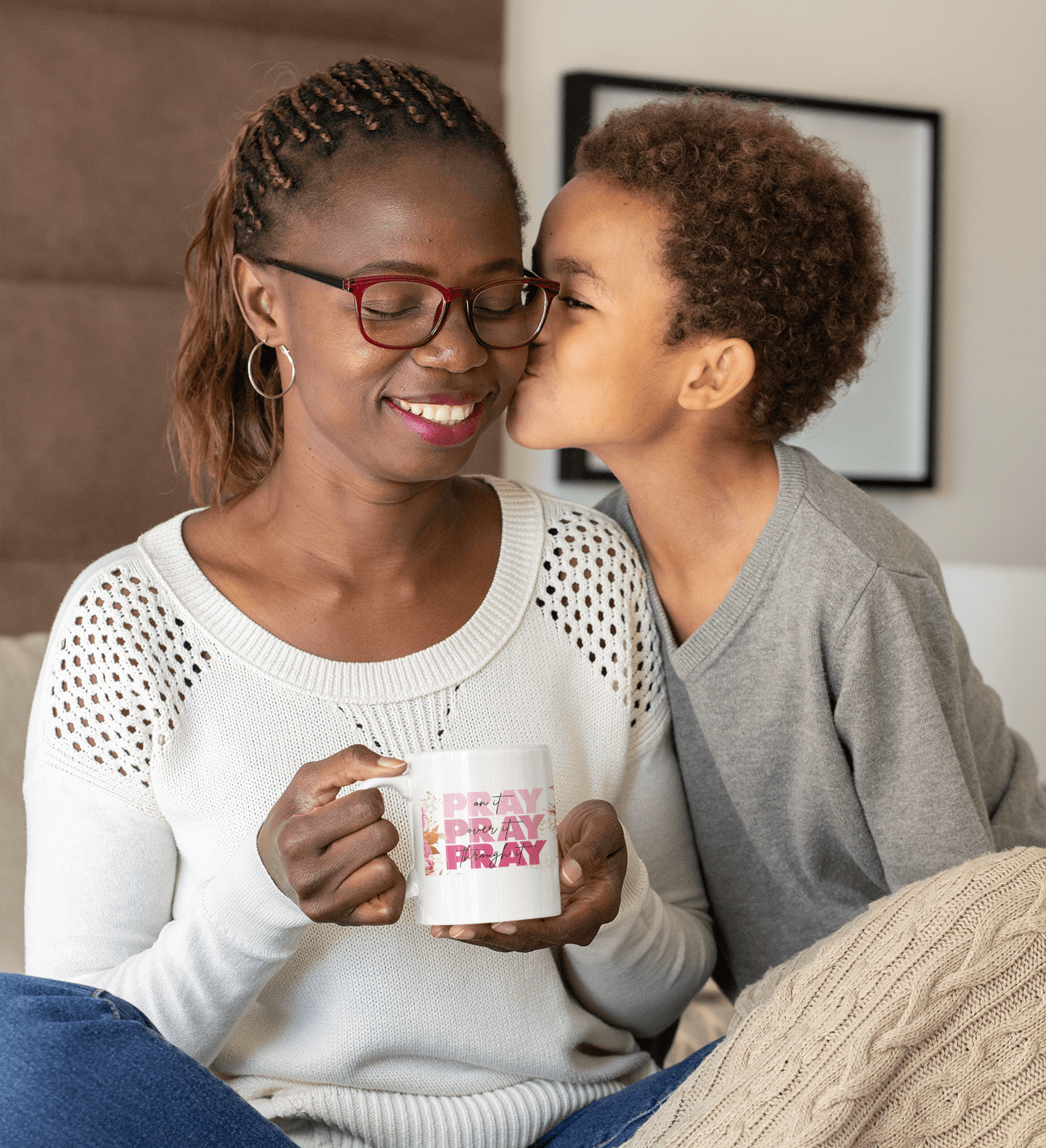 Pray on it mug with mother and son